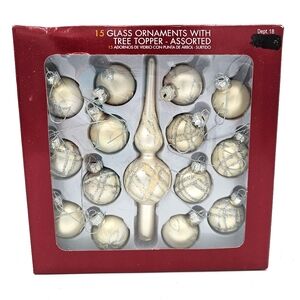 A beautiful set of Small, 15 glass Christmas ornaments with matching tree topper